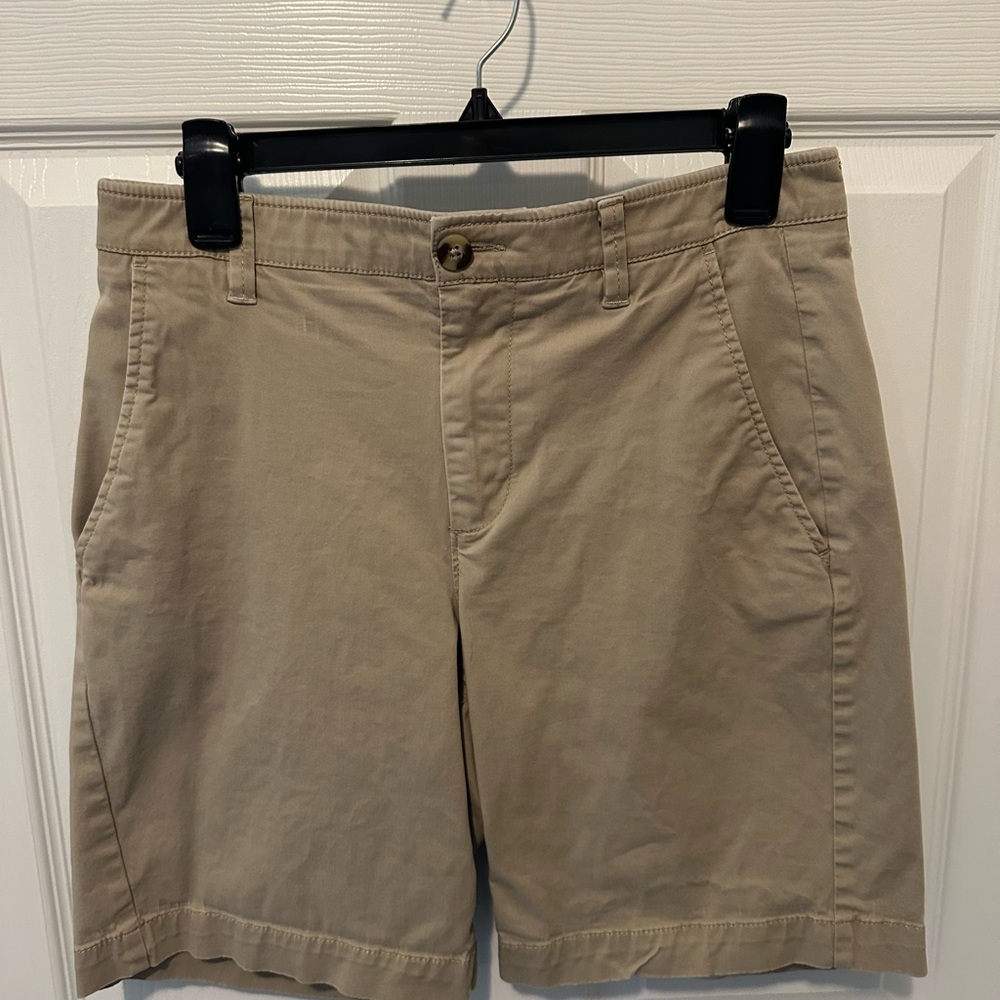 Crown & Ivy Tan Motion Flex Flat Front Shorts 9”